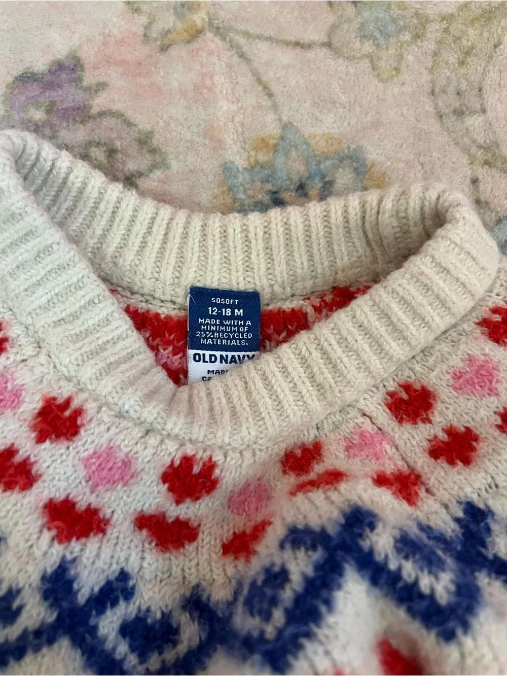 Old Navy Cream Sweater with Multicolor Heart & Fair Isle Yoke